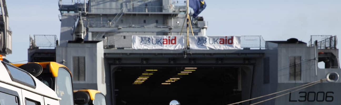 UK aid for Haiti being loaded onto a Royal Fleet Auxillary ship
