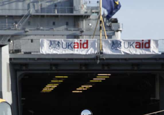 UK aid for Haiti being loaded onto a Royal Fleet Auxillary ship