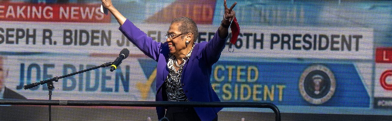 Celebration in D.C. after Joe Biden is announced as the winner. Eleanor Holmes Norton hears the news while speaking at McPherson Square.