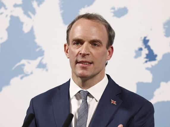 Dominic Raab gives a speech at the Aspen Security Forum at the Locarno Suite inside the Foreign Commonwealth and Development Office in London