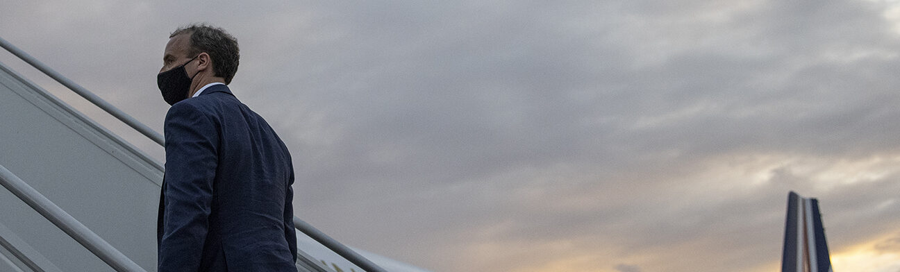 Foreign Secretary Dominic Raab boards a plane after visiting Jakarta