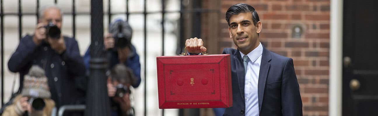 The Chancellor Rishi Sunak, alongside his ministerial team, poses for the media with the traditional red budget box outside 11 Downing Street