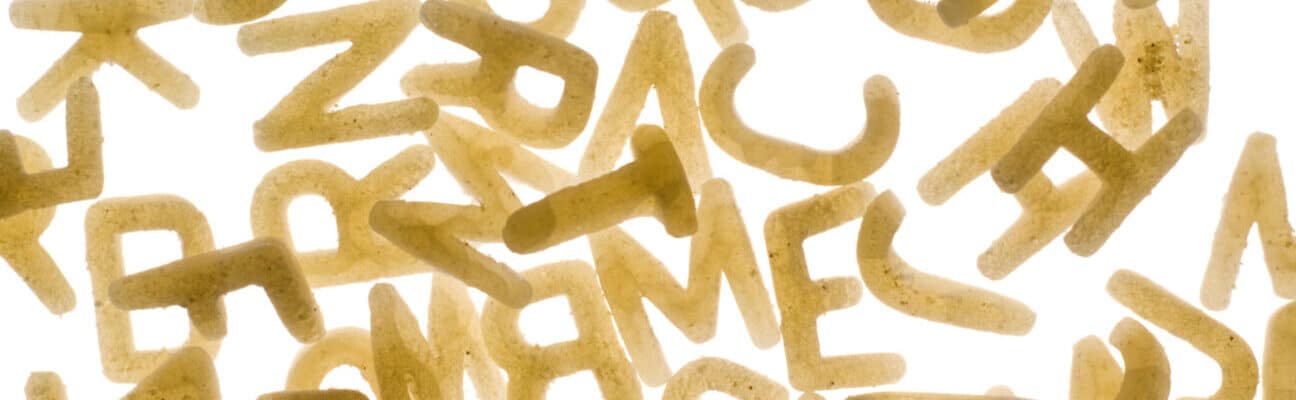 Alphabet Pasta letters on white