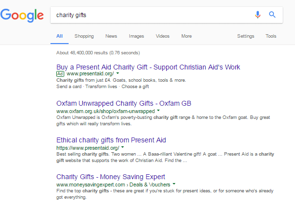 Charity gifts google screenshot