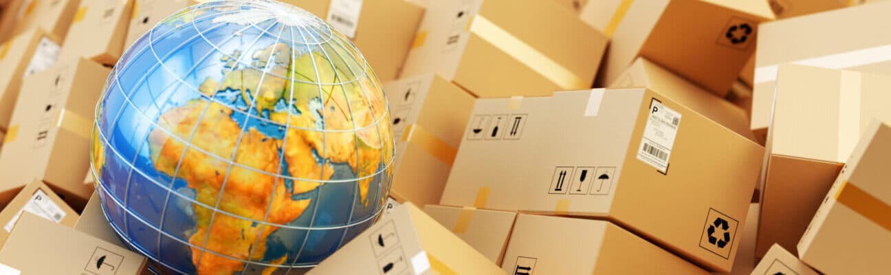 Distribution warehouse, international package shipping, global freight transportation concept