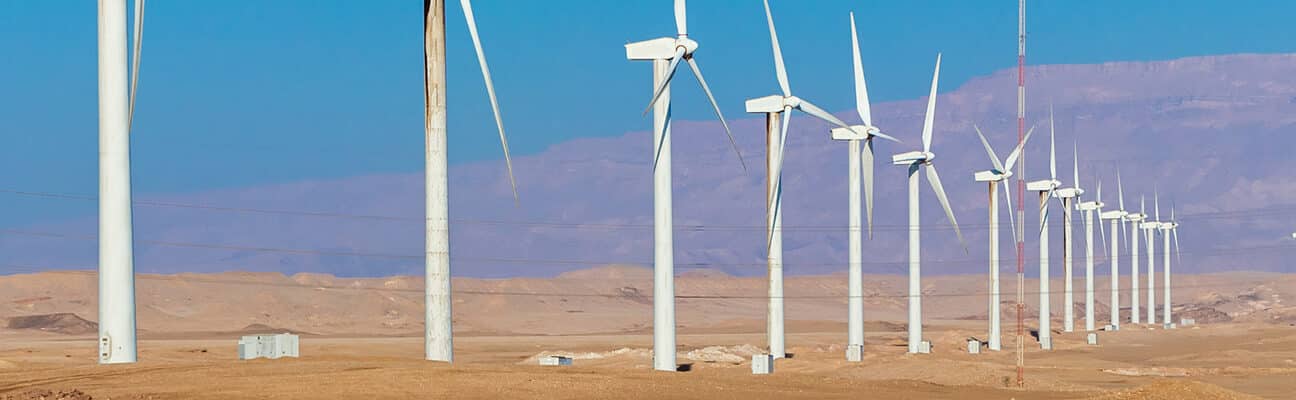 Windmills for electric power production in the desert in Egypt.
