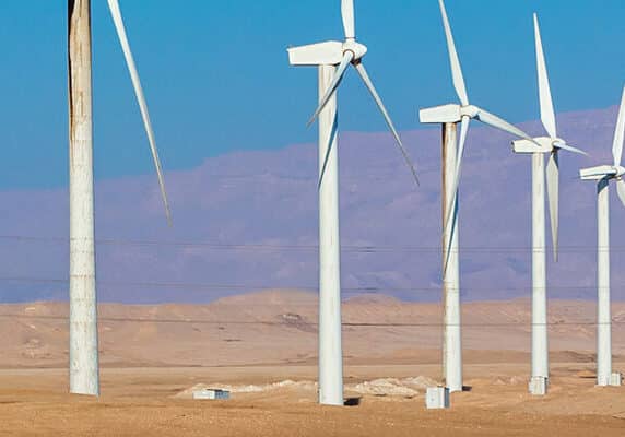 Windmills for electric power production in the desert in Egypt.