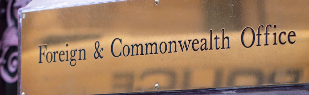Foreign and Commonwealth brass plaque outside the offices in Westminster, London