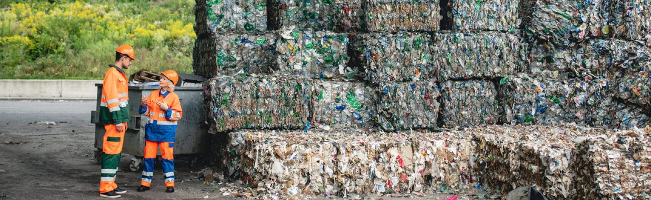 Two workers next to piles of waste