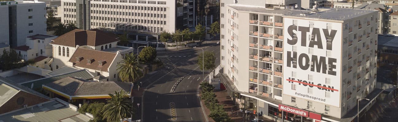 Aerial view of empty streets in Cape Town, South Africa during the Covid 19 lockdown.