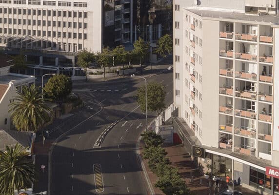 Aerial view of empty streets in Cape Town, South Africa during the Covid 19 lockdown.
