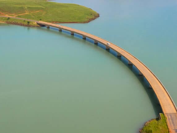 Road bridge over the Tugela River below Woodstock Dam wall near Bergville in the Kwazulu-Natal Province, South Africa