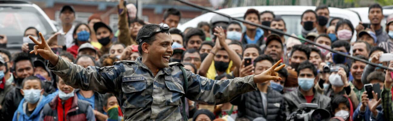 Rescue workers celebrate in Nepal