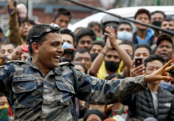 Rescue workers celebrate in Nepal