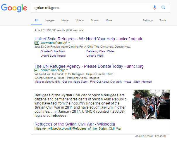 Syrian refugees google screenshot