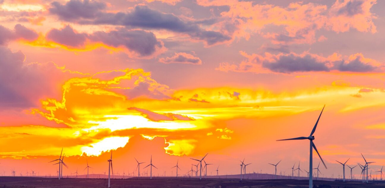 windmill farm at sunset