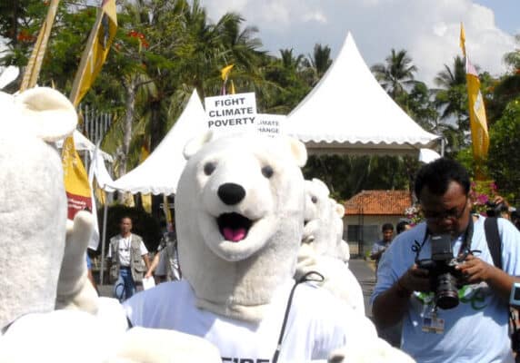 Oxfam's Polar Bears protested in support of humans who are also losing their habitat and natural resources due to Climate Change at the UN Climate Change Conference on Thursday 6 December, 2007. Photo Ng Swan Ti.