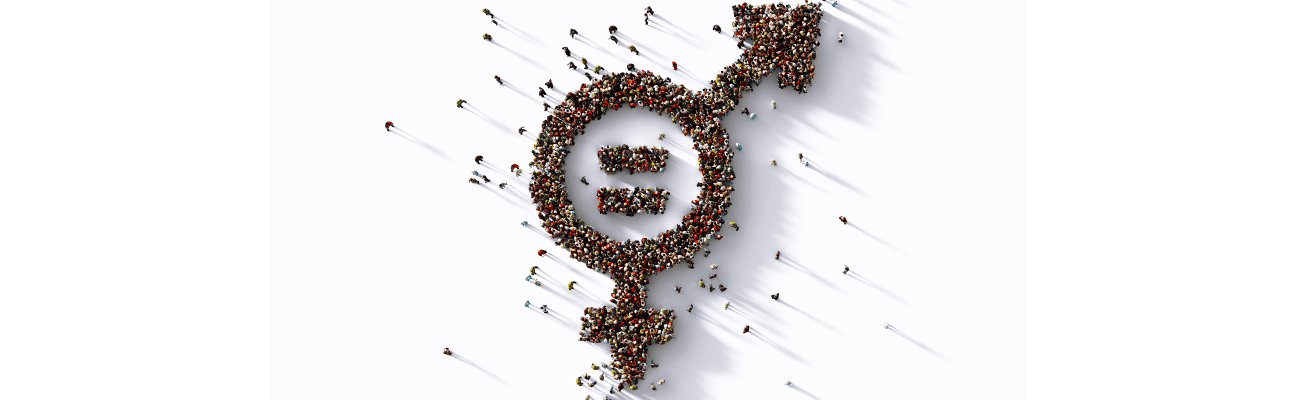 HUMAN CROWD FORMING GENDER EQUALITY SYMBOL ON WHITE BACKGROUND.