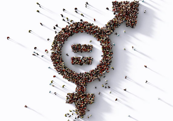 HUMAN CROWD FORMING GENDER EQUALITY SYMBOL ON WHITE BACKGROUND.