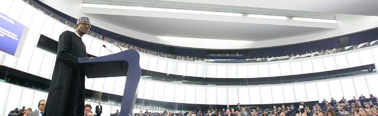 President Buhari addresses the European Parliament. CREDIT: © EUROPEAN UNION 2015 - EUROPEAN PARLIAMENT. (ATTRIBUTION-NONCOMMERCIAL-NODERIVS CREATIVE COMMONS LICENSE)