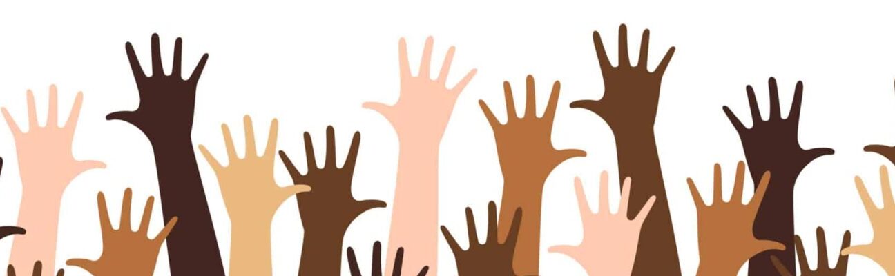 Diverse raised hands isolated on a white background.