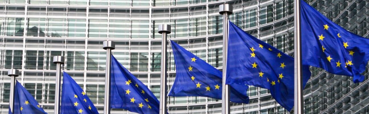 European flags in front of the European Commission headquarters in Brussels, Belgium.