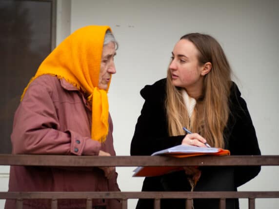 Tamara Dmytrivna, 74, was supported by Oxfam partner The Tenth of April (TTA) to move to a shelter for displaced persons in Mykolaiv Oblast, Ukraine, after her house was destroyed by a shell in December last year. (Picture: Kieran Doherty / Oxfam)
