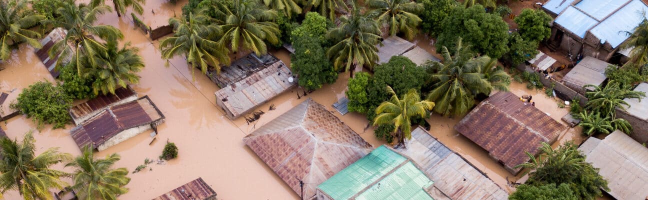 Aerial view overhead flooded houses after a cyclone