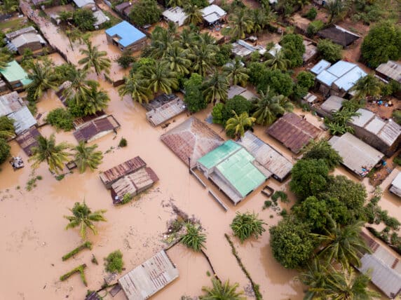 Aerial view overhead flooded houses after a cyclone.