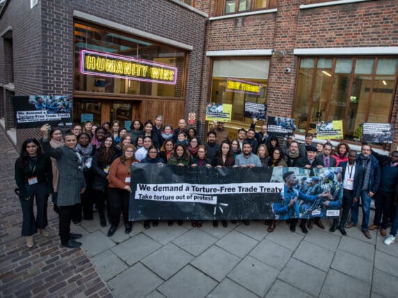 Representatives of over 30 civil society organisations from around the world sign the Shoreditch Declaration for a Torture-Free Trade Treaty, January 2023
