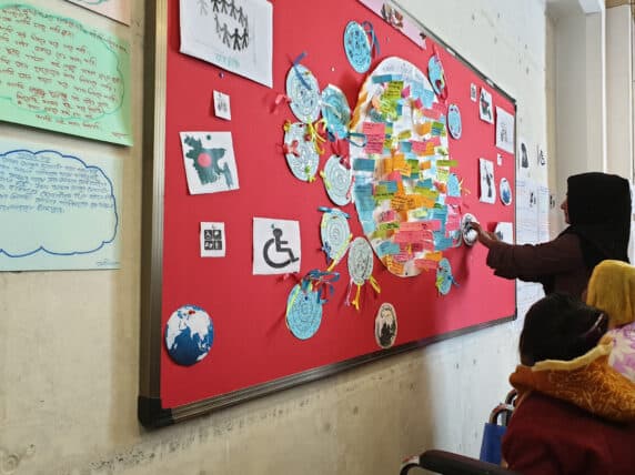 Learners with disabilities taking part in a participatory workshop in Bangladesh in January 2023. Here the learners discuss their skills training and the world of work.
