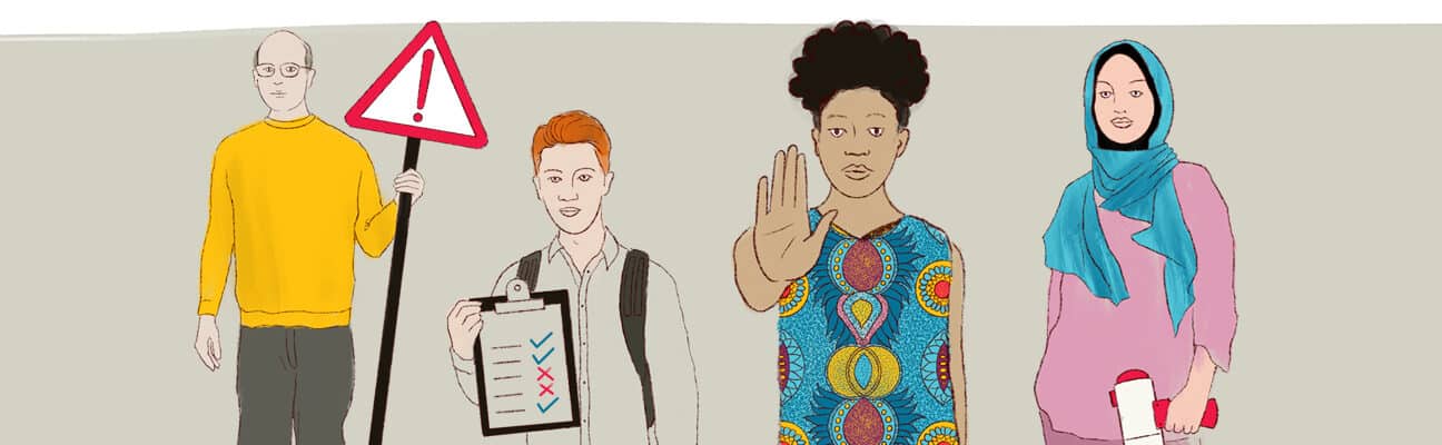 Illustration of different people encouraging us to stop and check we are meeting safeguarding standards.