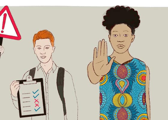 Illustration of different people encouraging us to stop and check we are meeting safeguarding standards.