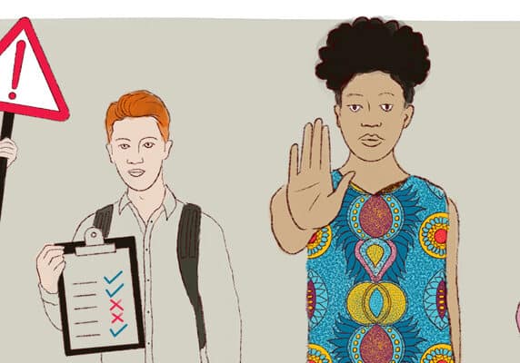 Illustration of different people encouraging us to stop and check we are meeting safeguarding standards.
