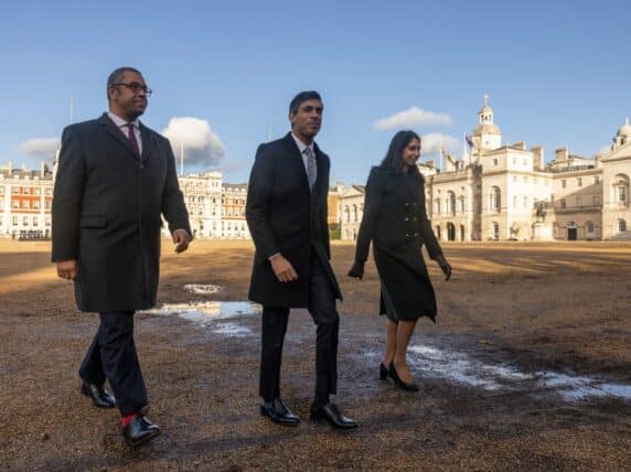 Rishi Sunak, James Cleverly and Suella Braverman talk after attending the Ceremonial welcome at Horseguards Parade to mark the state Visit for Cyril Ramaphosa President of South Africa. Picture by Simon Dawson / No 10 Downing Street