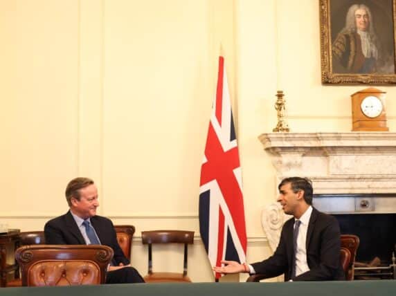 David Cameron speaks with the Prime Minister, Rishi Sunak as he is appointed as Foreign Secretary as the Prime Minister reshuffles his cabinet from 10 Downing Street. Picture by Simon Dawson / No 10 Downing Street