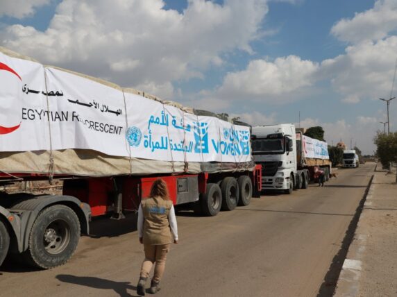 UN Women and the Egyptian Red Crescent deliver humanitarian aid to women and children in Gaza on 27 January 2024. Credit: UN Women/Menna Negeda