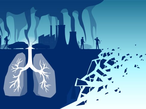 Vector of human lungs inhaling toxic pollutants