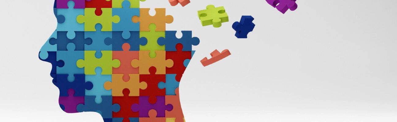 Human head profile and jigsaw puzzle