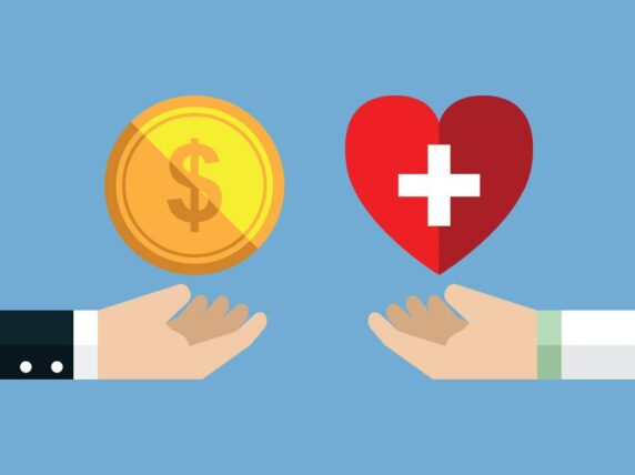 Two hands holding two icons, the dollar sign symbolising funding and the heart symbolising humanitarian assistance