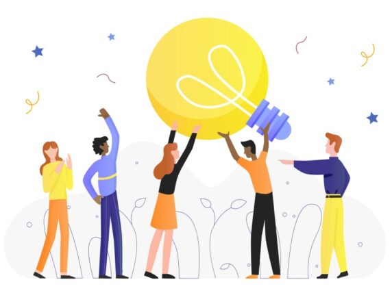People carrying a lightbulb symbolising idea sharing across the line where everyone can voice their opinions
