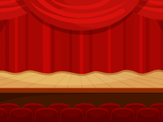 Theater stage with open red curtains