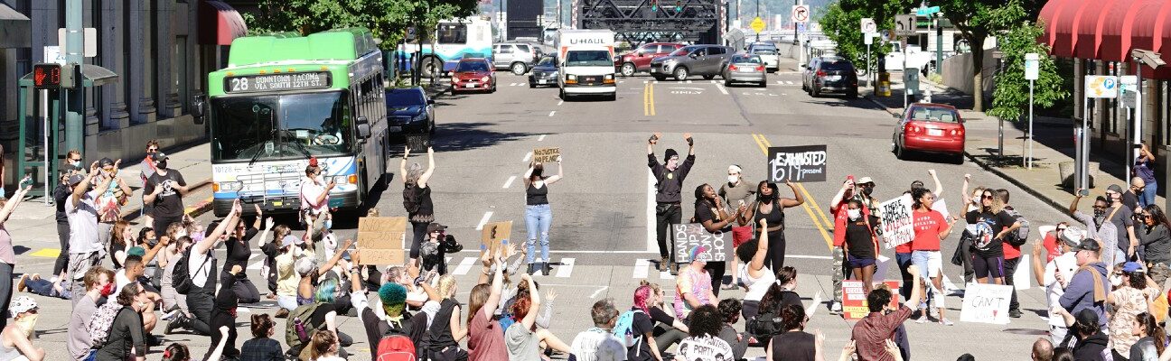 Tacoma, WA/USA Protesters create a Mob Scene blocking an intersection for George Floyd and the BLM in Tacoma June 1, 2020