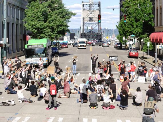 Tacoma, WA/USA Protesters create a Mob Scene blocking an intersection for George Floyd and the BLM in Tacoma June 1, 2020