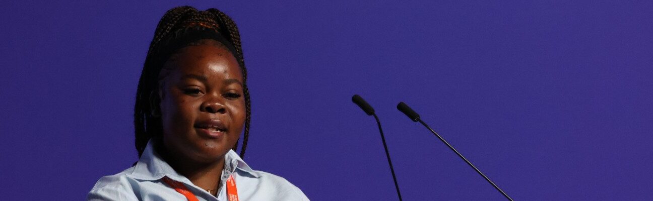 Grace Yolanda Tembo, Zimbabwean youth advocate, speaks at the opening plenary session of the Global Partnerships Conference. Credit: Russell Watkins/FCDO/CC BY 4.0