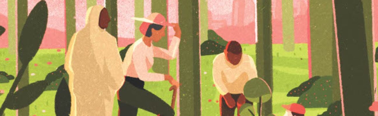 Illustration of people planting a tree in a forest. Cover photo from the book 'Ecology and Empowerment'. Credit: F3E