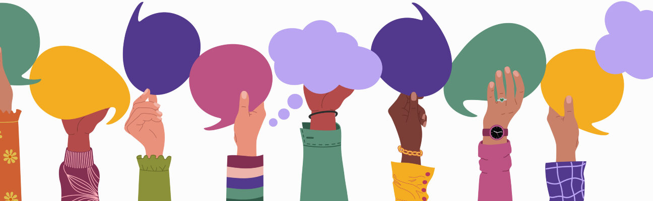 Hands holding speech bubbles.