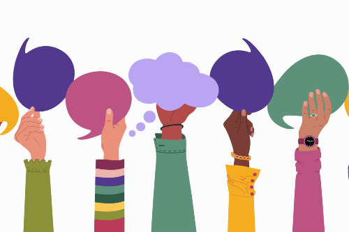 Hands holding speech bubbles.