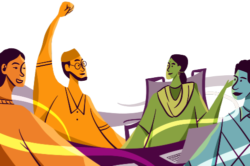 Illustration of four people at a work meeting. Credit: ADD International