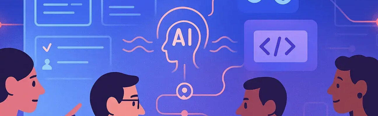 Illustration of four people discussing and testing AI functioning. Credit: aqua